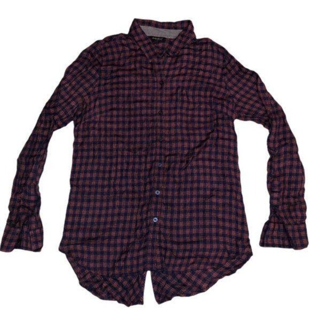 Lucky Brand Plaid Button Down Tunic Red Navy Small